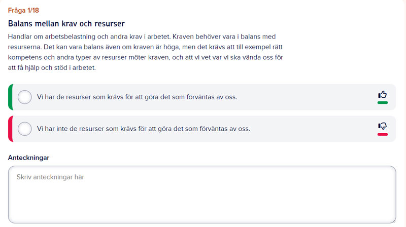 Sk&auml;rmdump fr&aring;n verktyget med en fr&aring;ga och tv&aring; svarsalternativ.